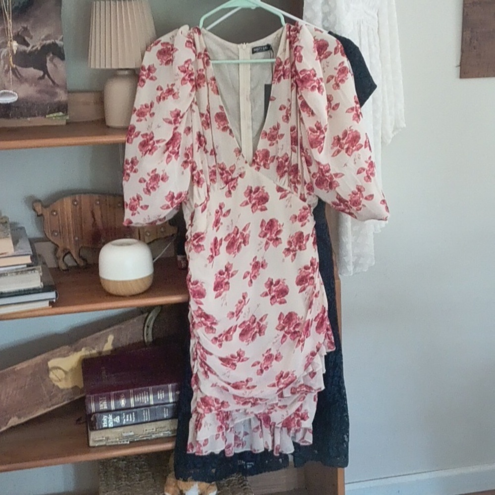 Nasty Gal Red and Cream Midi Dress with Floral Elegance